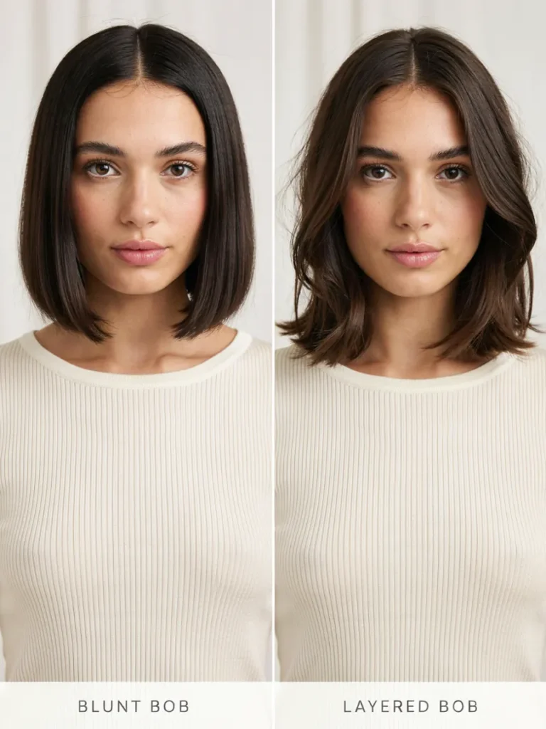 25 Haircuts for Fat Faces That Slim and Define Jawlines 7 Layered Bob Versus Blunt Bob