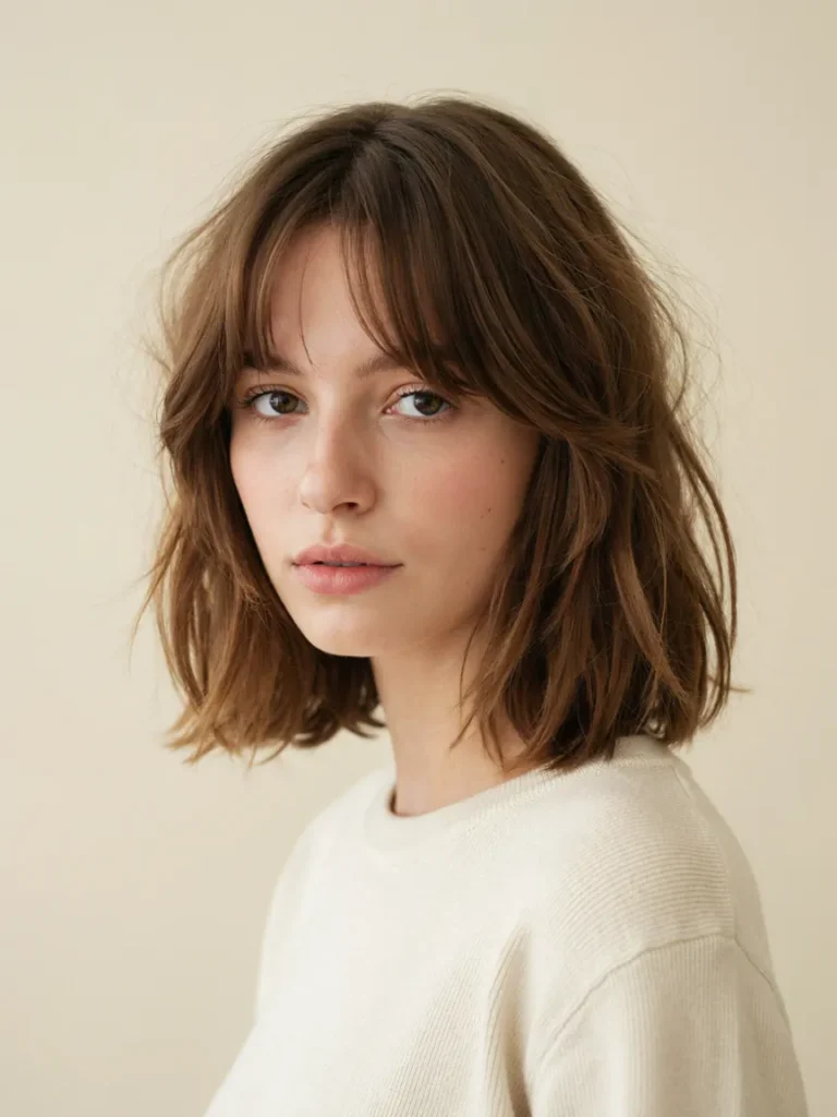 25 Haircuts for Fat Faces That Slim and Define Jawlines 17 Textured Shoulder Length Shag